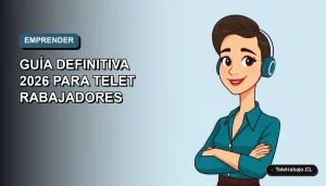 Ilustración plana corporativa de una mujer teletrabajadora emprendedora en Chile, con fondo degradado azul grisáceo.