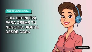 Ilustración plana corporativa de una mujer chilena emprendedora trabajando desde casa en su computador portátil, con fondo degradado azul verdoso.