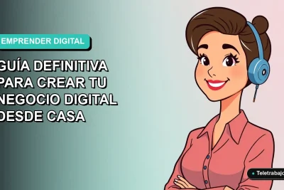 Ilustración plana corporativa de una mujer chilena emprendedora trabajando desde casa en su computador portátil, con fondo degradado azul verdoso.