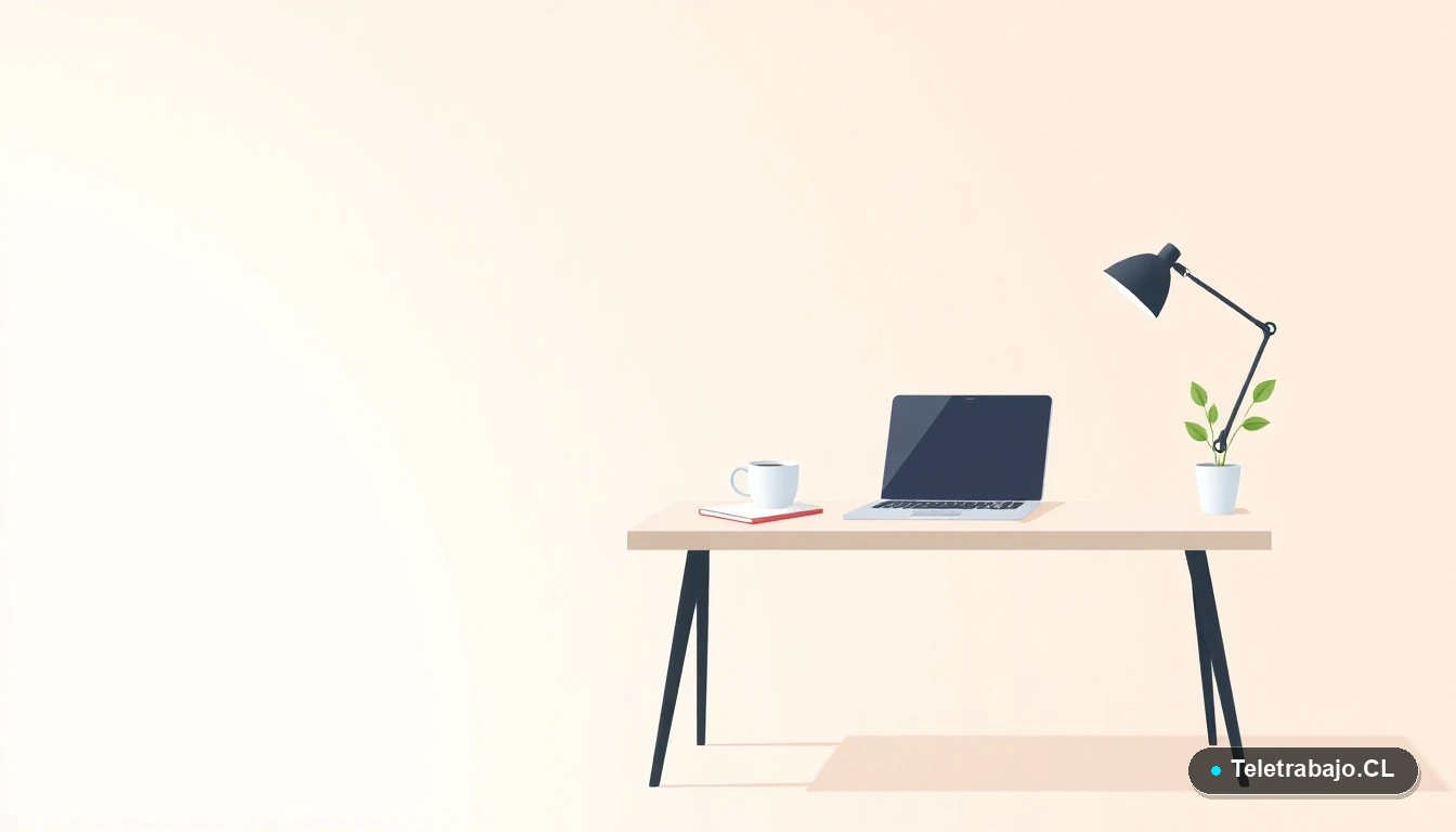 Escritorio moderno minimalista para trabajar desde casa con laptop, cuaderno, café y una planta, ilustración plana con fondo degradado menta.