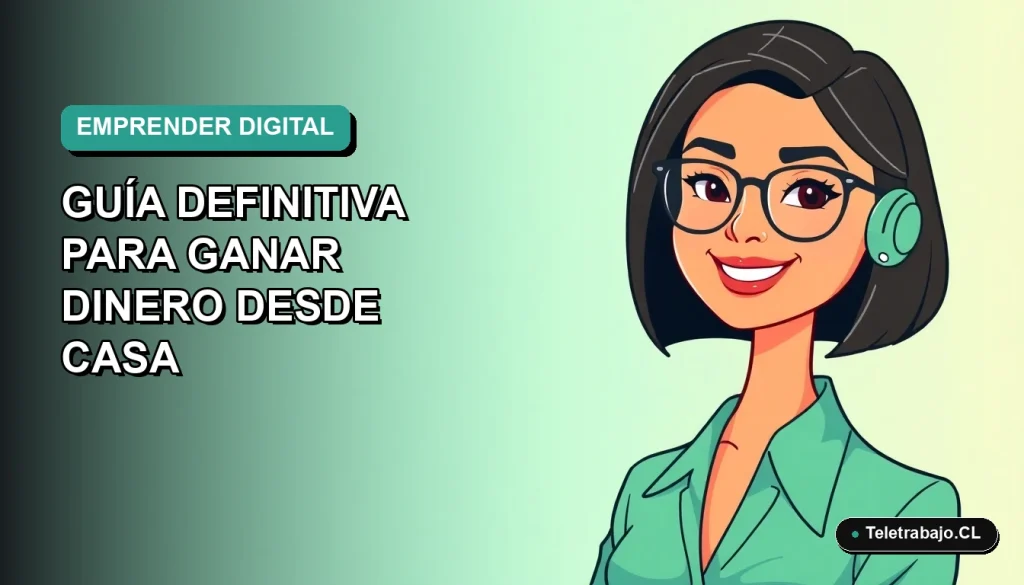 Ilustración vectorial plana de una mujer chilena emprendedora trabajando desde casa en 2026, con fondo degradado azul verdoso.