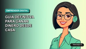 Ilustración vectorial plana de una mujer chilena emprendedora trabajando desde casa en 2026, con fondo degradado azul verdoso.