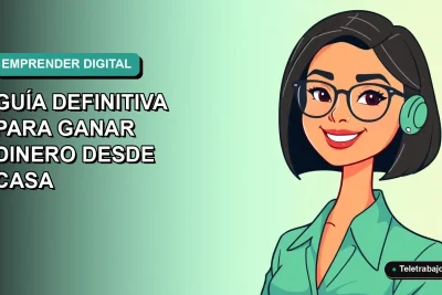 Ilustración vectorial plana de una mujer chilena emprendedora trabajando desde casa en 2026, con fondo degradado azul verdoso.