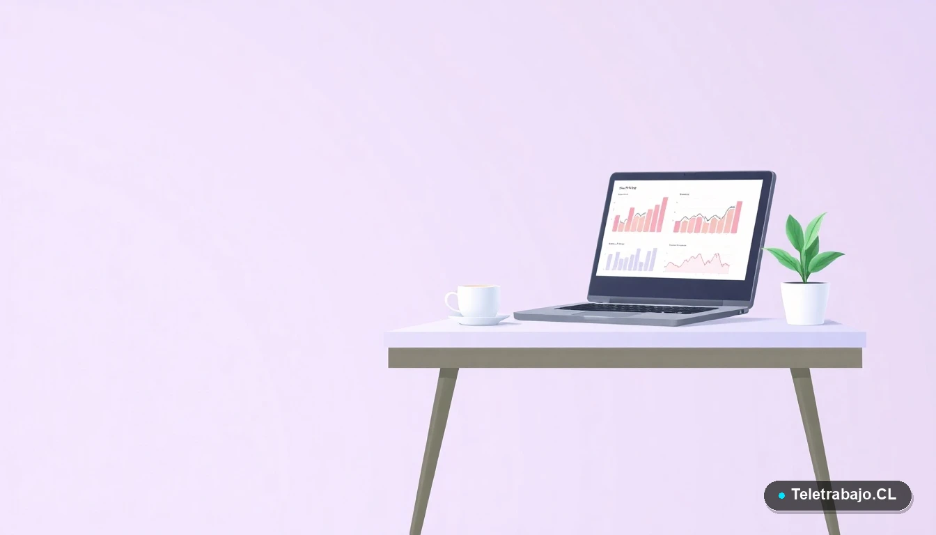 Escritorio moderno minimalista para emprender online con laptop, gráficos, una planta y taza de café, ilustración vectorial plana.