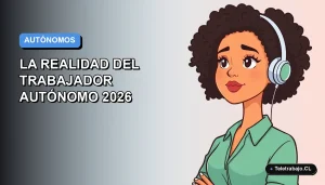 Ilustración vectorial plana de una trabajadora autónoma chilena con expresión pensativa, fondo degradado azul y gris, estilo Corporate Memphis.