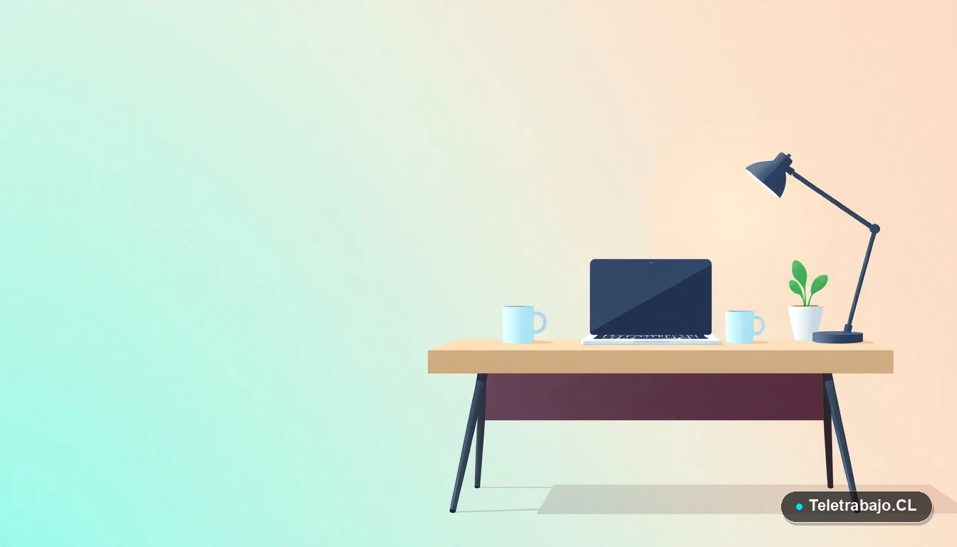 Escritorio moderno vacío con laptop, taza de café y planta, representando el espacio de trabajo autónomo, fondo degradado en tonos verdes azulados.