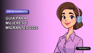 Ilustración plana corporativa de una mujer emprendedora en Chile, estilo moderno, con fondo degradado lavanda.