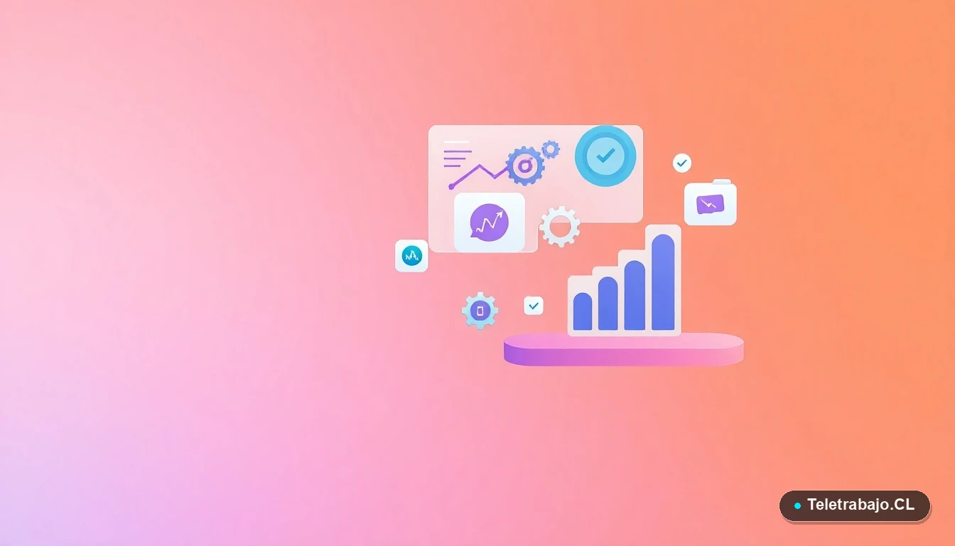 Composición abstracta de interfaz de usuario con gráficos y engranajes flotantes, ilustración plana corporativa, fondo degradado melocotón.