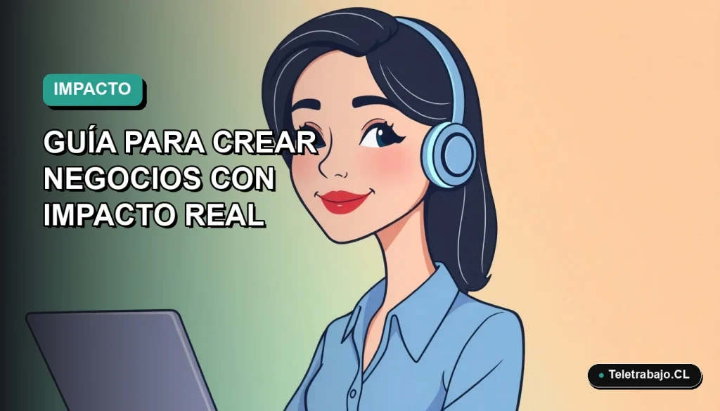 Ilustración plana corporativa de una mujer profesional chilena sonriente, con blusa azul y corte de pelo moderno, sobre fondo degradado verde azulado. Representa el emprendimiento social con impacto real en Chile.