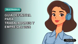 Ilustración plana corporativa de una trabajadora remota chilena con blusa azul, sobre fondo degradado verde azulado. Concepto de empresas de trabajo temporal y teletrabajo.