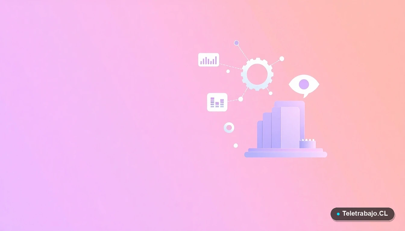 Composición abstracta de interfaz de usuario con gráficos, engranajes y carpetas flotantes en estilo vectorial plano, sobre fondo degradado lila. Representación de tecnología, datos y gestión para ETT.