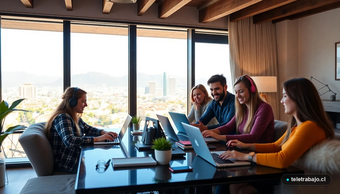Equipo de trabajo remoto en Chile colaborando desde casa con vista a la ciudad