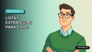 Ilustración vectorial plana de un hombre profesional trabajando remotamente, estilo Corporativo Memphis, sobre fondo degradado suave teal. Representa el teletrabajo en Chile.