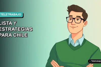 Ilustración vectorial plana de un hombre profesional trabajando remotamente, estilo Corporativo Memphis, sobre fondo degradado suave teal. Representa el teletrabajo en Chile.