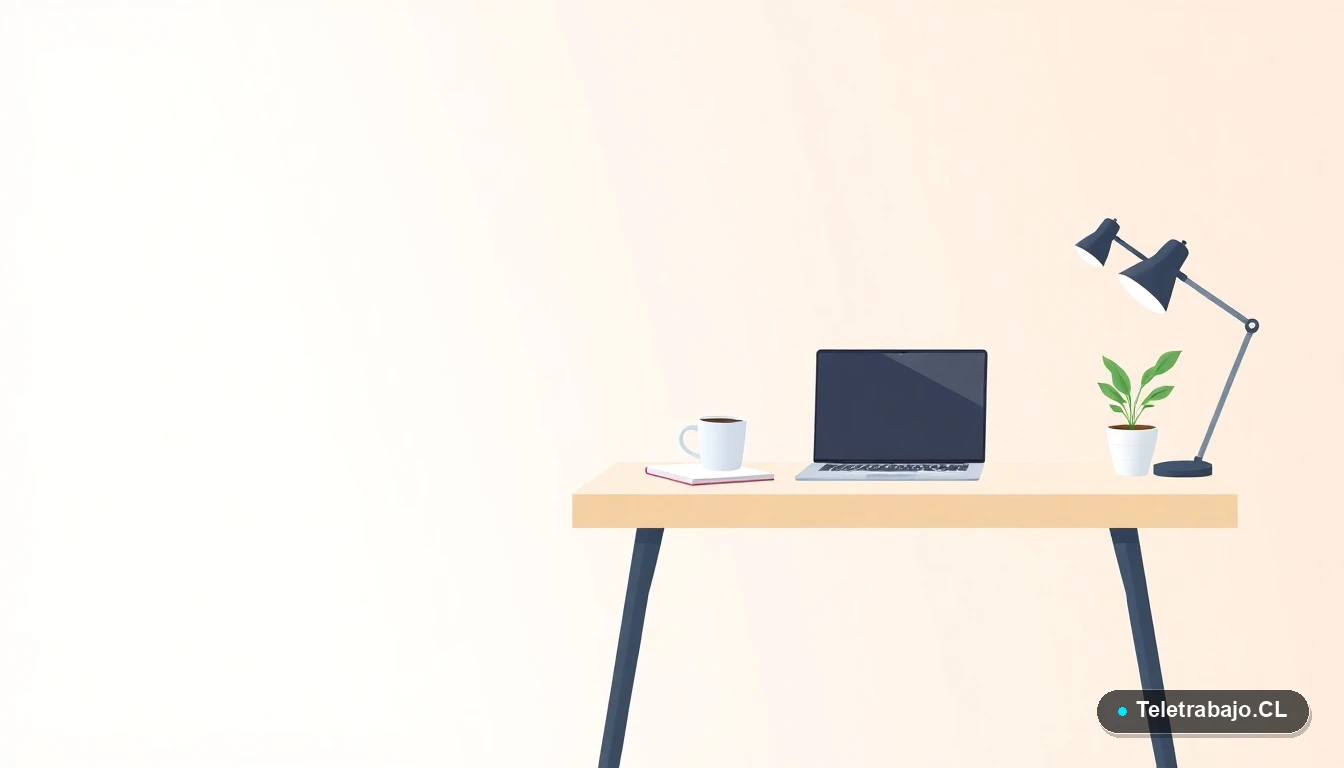 Escritorio moderno minimalista para teletrabajo con laptop, cuaderno, taza de café y planta, ilustración vectorial plana sobre fondo degradado mint.