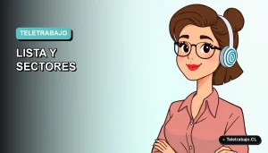 Ilustración plana corporativa de mujer profesional trabajando remotamente, con fondo degradado azul verdoso.