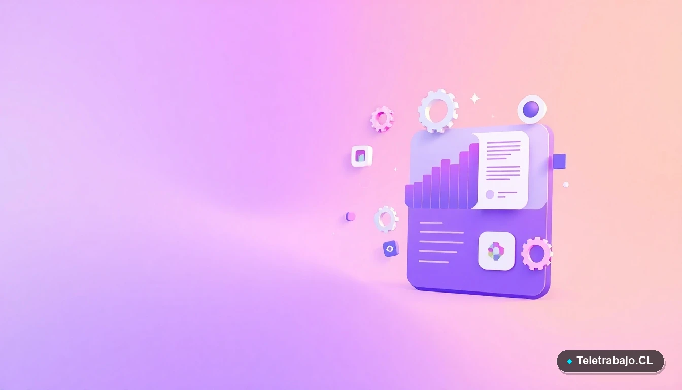 Composición abstracta de interfaz de usuario con gráficos y iconos flotantes, sobre fondo degradado lila, representando el teletrabajo tecnológico.
