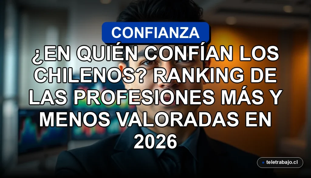 Ranking de confianza en profesiones en Chile 2026, gráficos abstractos en pantalla, retrato profesional