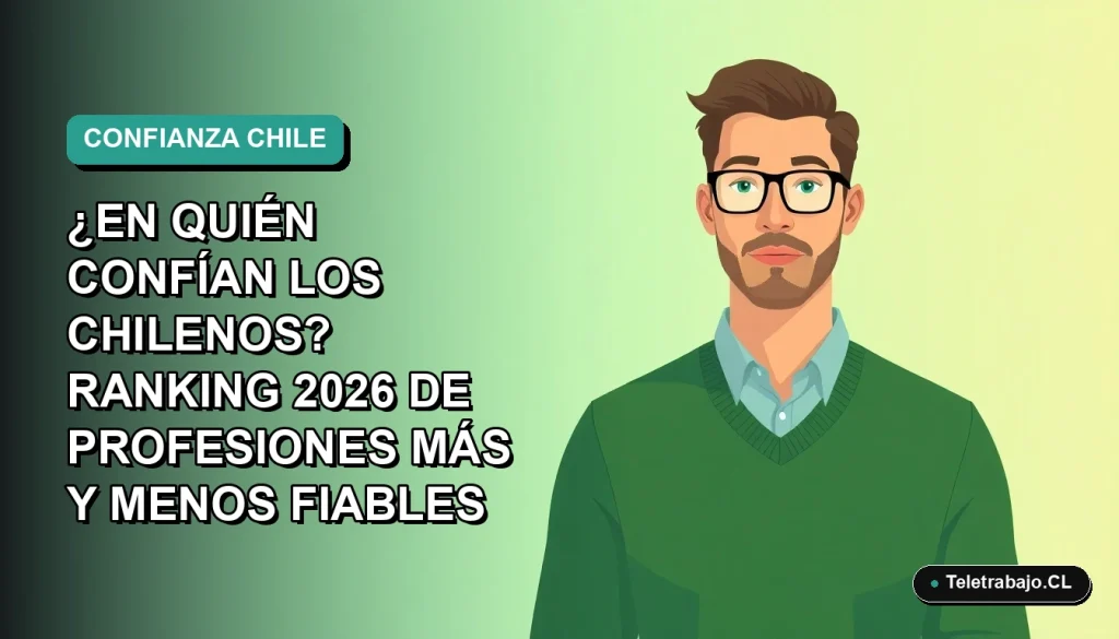 Ilustración vectorial plana de un trabajador remoto masculino con suéter verde, sobre un fondo degradado azul verdoso. Espacio negativo a la izquierda. Representa el ranking de confianza en profesiones en Chile 2026.