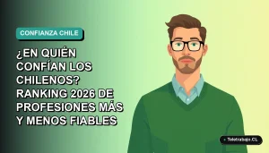 Ilustración vectorial plana de un trabajador remoto masculino con suéter verde, sobre un fondo degradado azul verdoso. Espacio negativo a la izquierda. Representa el ranking de confianza en profesiones en Chile 2026.