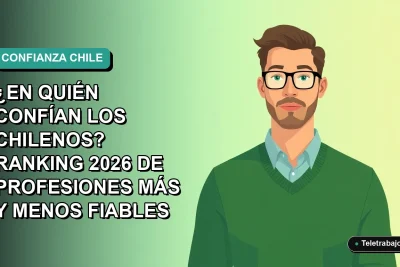 Ilustración vectorial plana de un trabajador remoto masculino con suéter verde, sobre un fondo degradado azul verdoso. Espacio negativo a la izquierda. Representa el ranking de confianza en profesiones en Chile 2026.