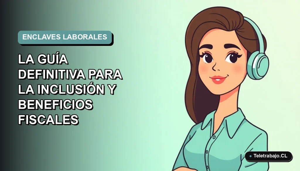 Ilustración plana corporativa de una mujer profesional chilena trabajando remotamente, con fondo degradado suave azul verdoso, concepto de enclaves laborales 2026.