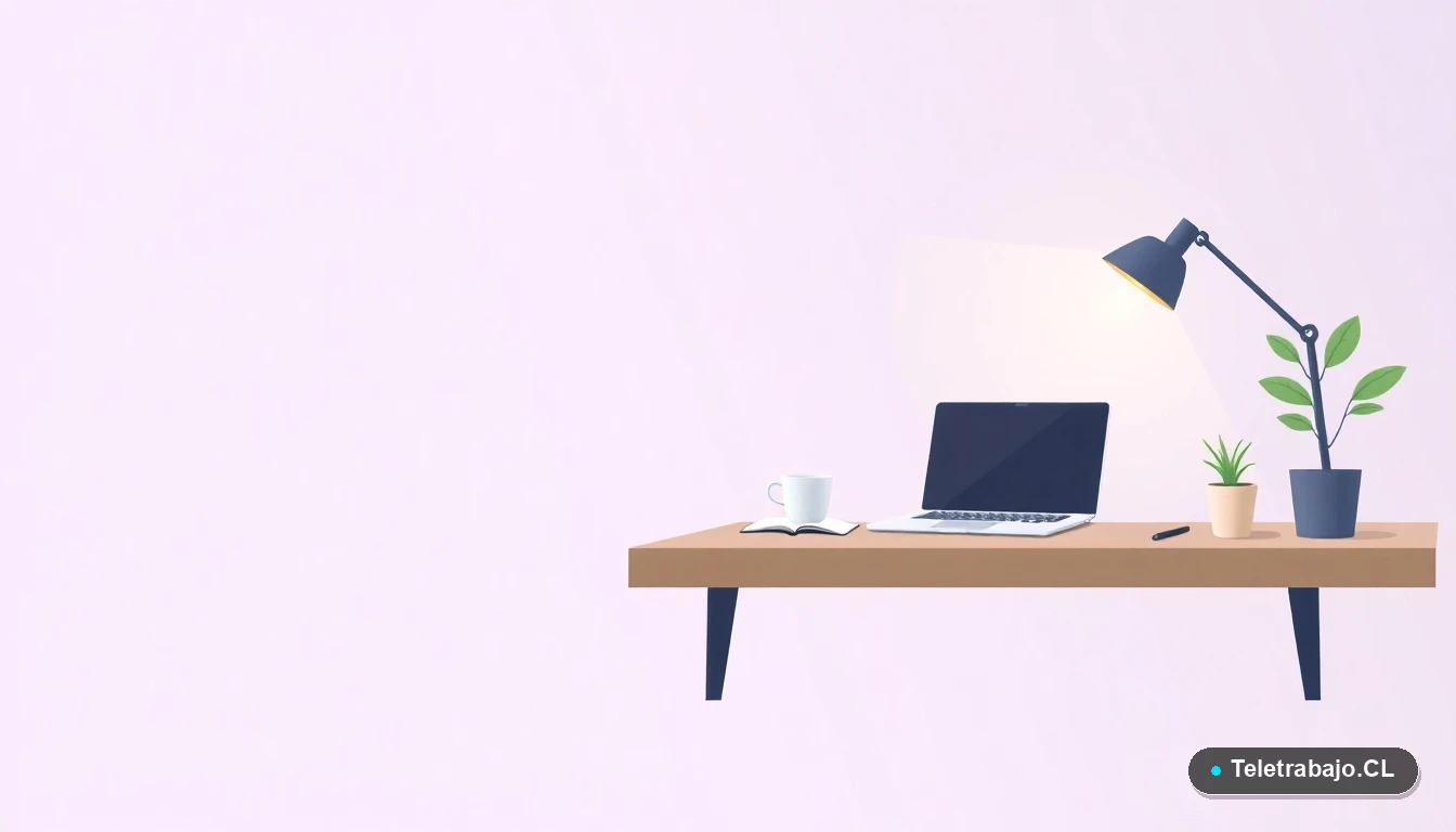 Escritorio moderno minimalista para teletrabajo con laptop, café y planta, ilustración plana con fondo degradado lila, representando un espacio de trabajo profesional para enclaves laborales.
