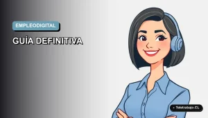 Ilustración vectorial plana de una mujer profesional de teletrabajo sonriente, con blusa azul y corte bob, sobre fondo degradado suave azul y gris. Concepto de búsqueda de empleo digital.