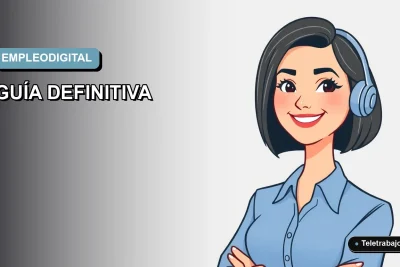 Ilustración vectorial plana de una mujer profesional de teletrabajo sonriente, con blusa azul y corte bob, sobre fondo degradado suave azul y gris. Concepto de búsqueda de empleo digital.