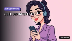 Ilustración plana de mujer profesional trabajando desde su teléfono móvil en un fondo degradado liso, estilo corporativo moderno.