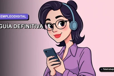 Ilustración plana de mujer profesional trabajando desde su teléfono móvil en un fondo degradado liso, estilo corporativo moderno.
