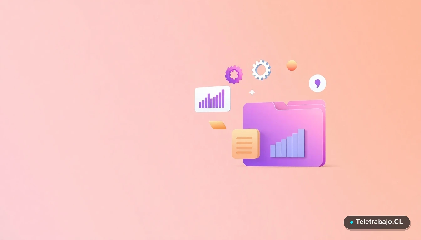 Ilustración abstracta de interfaz de usuario con gráficos, engranajes y carpetas flotantes sobre fondo degradado, representando tecnología y búsqueda de empleo.