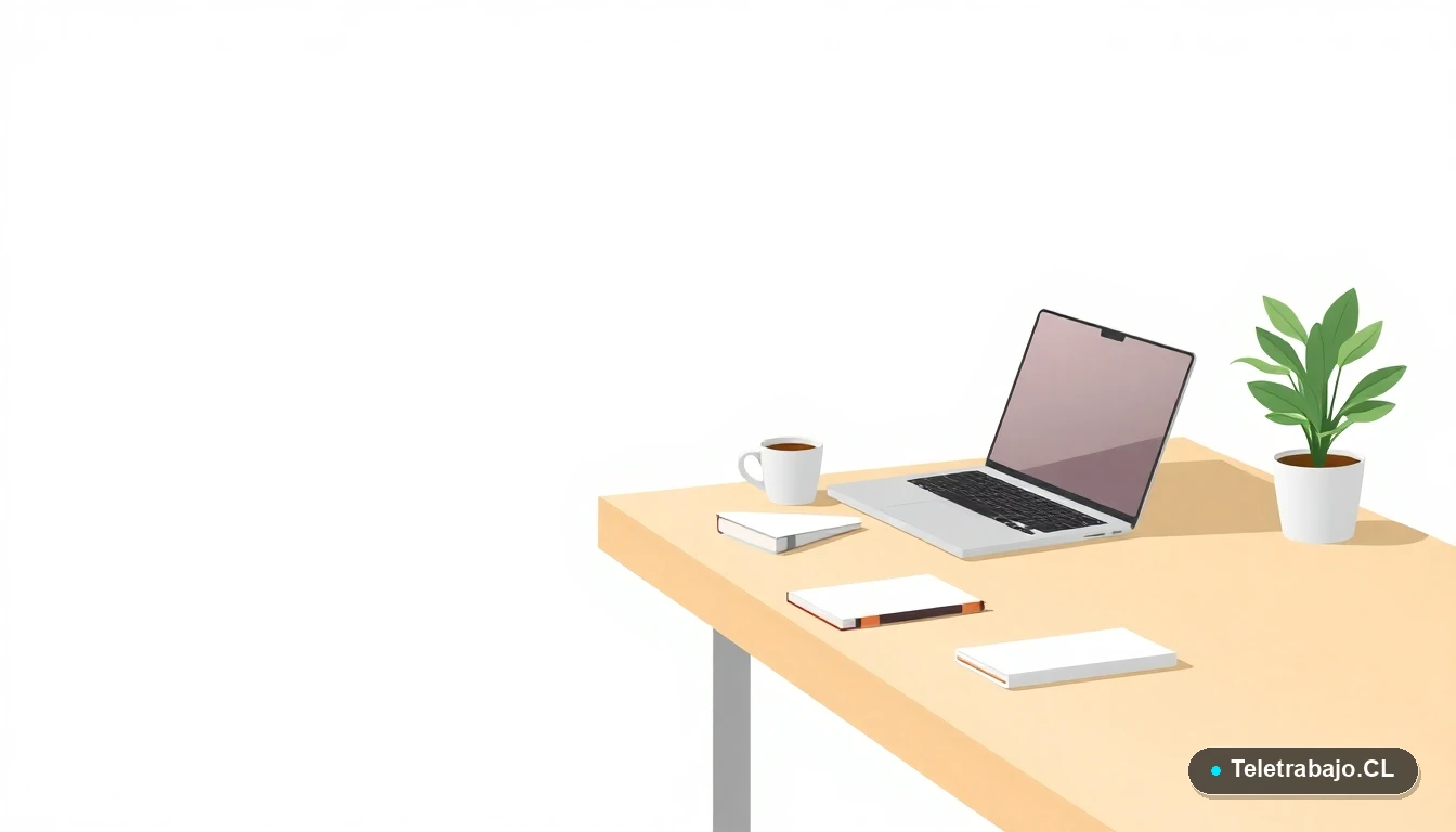 Escritorio moderno minimalista con laptop, cuaderno, taza de café y una planta suculenta, sobre fondo con gradiente suave de verdes claros.