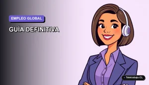 Ilustración vectorial plana de una mujer profesional trabajando de forma remota con un mapa mundial de fondo, guía para encontrar trabajo en el extranjero.