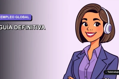 Ilustración vectorial plana de una mujer profesional trabajando de forma remota con un mapa mundial de fondo, guía para encontrar trabajo en el extranjero.