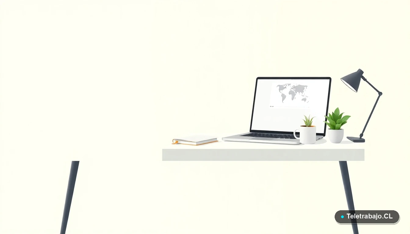 Escritorio moderno minimalista con laptop mostrando un mapa mundial, taza de café y planta, concepto de trabajo remoto internacional.
