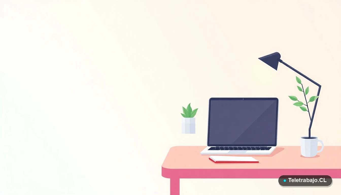 Escritorio moderno minimalista con laptop, cuaderno, planta y taza de café, ilustración plana sobre fondo degradado color menta.