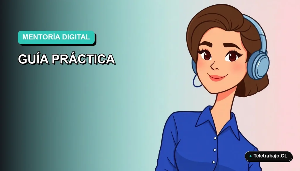 Ilustración vectorial plana de una mujer profesional de teletrabajo con blusa azul, mirando a la izquierda, sobre fondo degradado verde azulado. Concepto de mentoría efectiva.