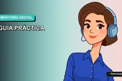 Ilustración vectorial plana de una mujer profesional de teletrabajo con blusa azul, mirando a la izquierda, sobre fondo degradado verde azulado. Concepto de mentoría efectiva.