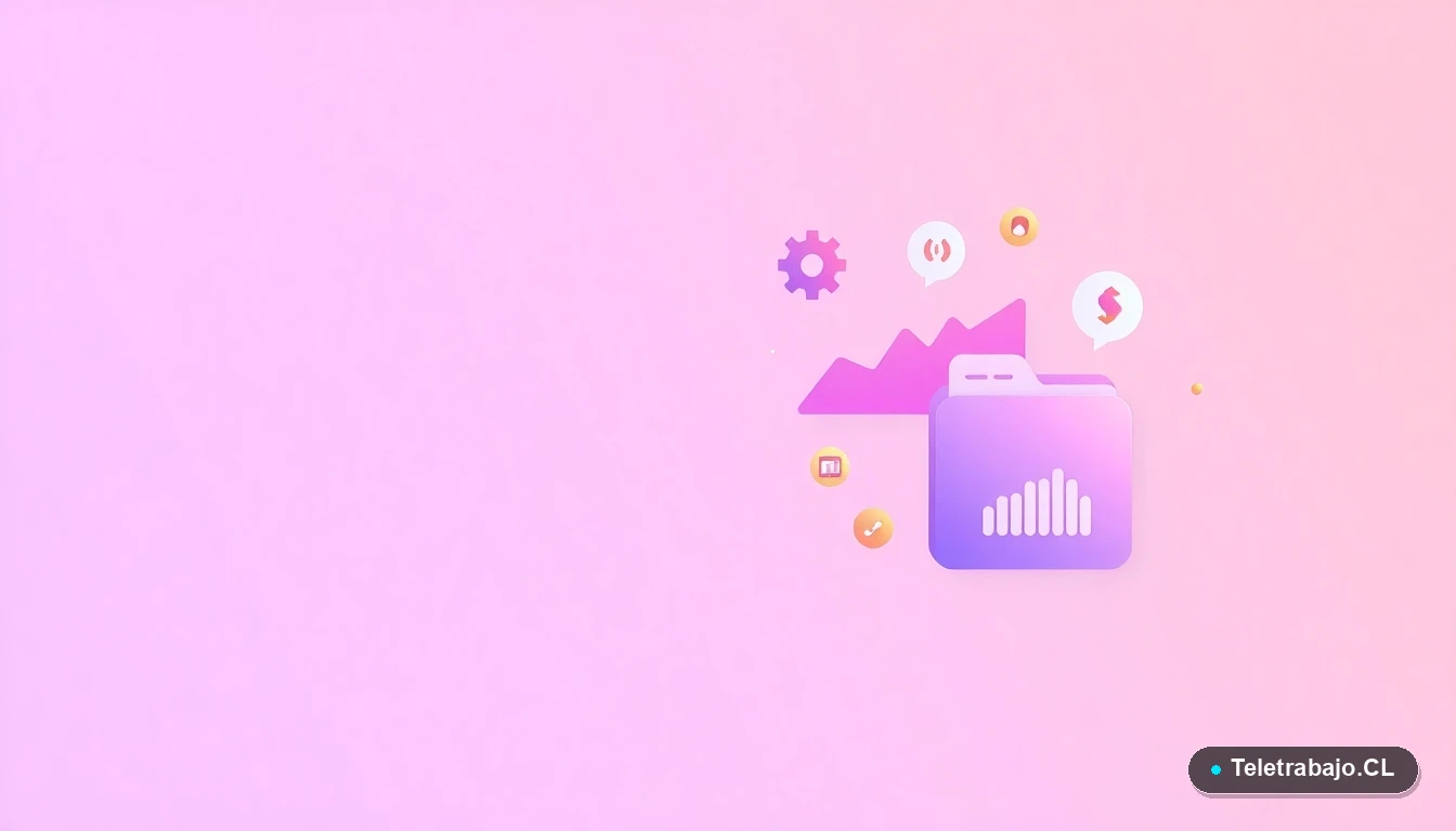 Composición abstracta de interfaz de usuario con gráficos flotantes y iconos de engranaje y carpeta en colores lavanda y durazno, sobre fondo degradado lila. Concepto de tecnología y guía.