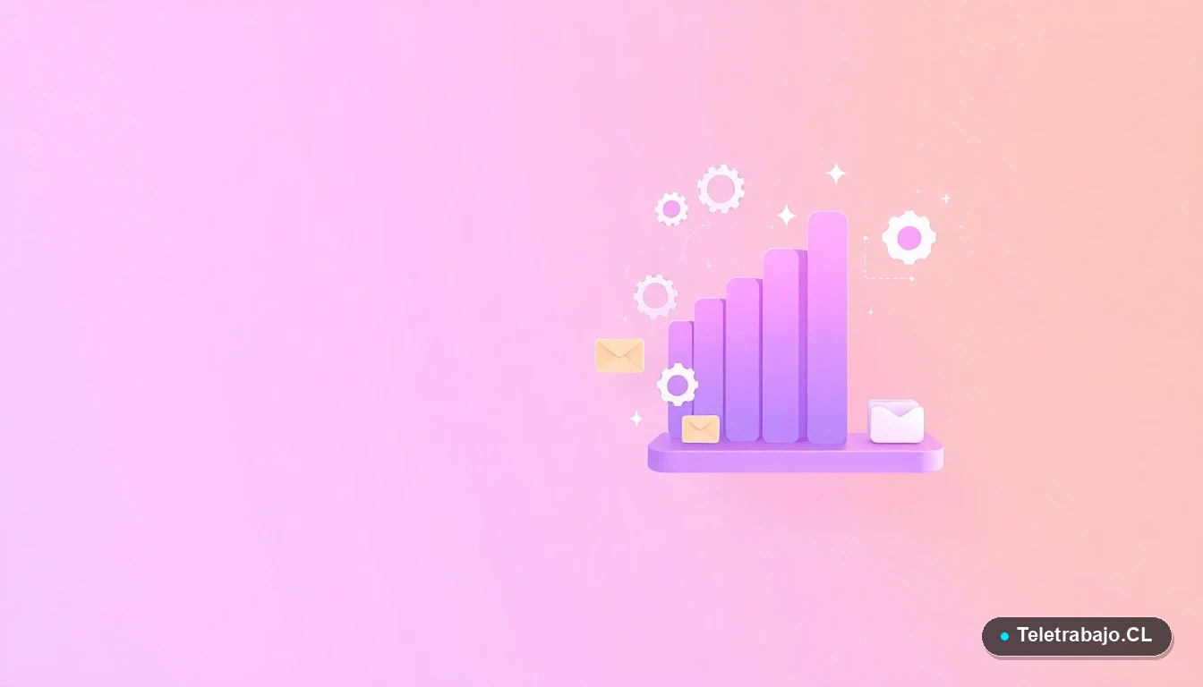 Composición abstracta de interfaz de usuario tecnológica con gráficos flotantes, engranajes y carpetas en tonos lavanda y durazno, sobre un fondo degradado.