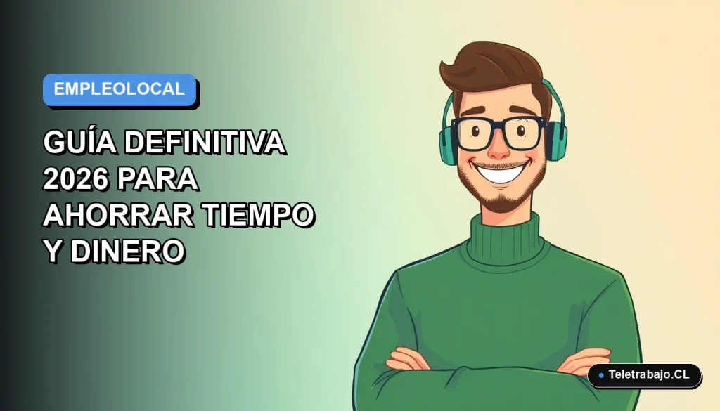 Ilustración vectorial plana de un trabajador remoto feliz, estilo Corporate Memphis, buscando empleo en Chile para ahorrar tiempo y dinero, fondo degradado azul.