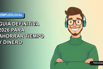 Ilustración vectorial plana de un trabajador remoto feliz, estilo Corporate Memphis, buscando empleo en Chile para ahorrar tiempo y dinero, fondo degradado azul.