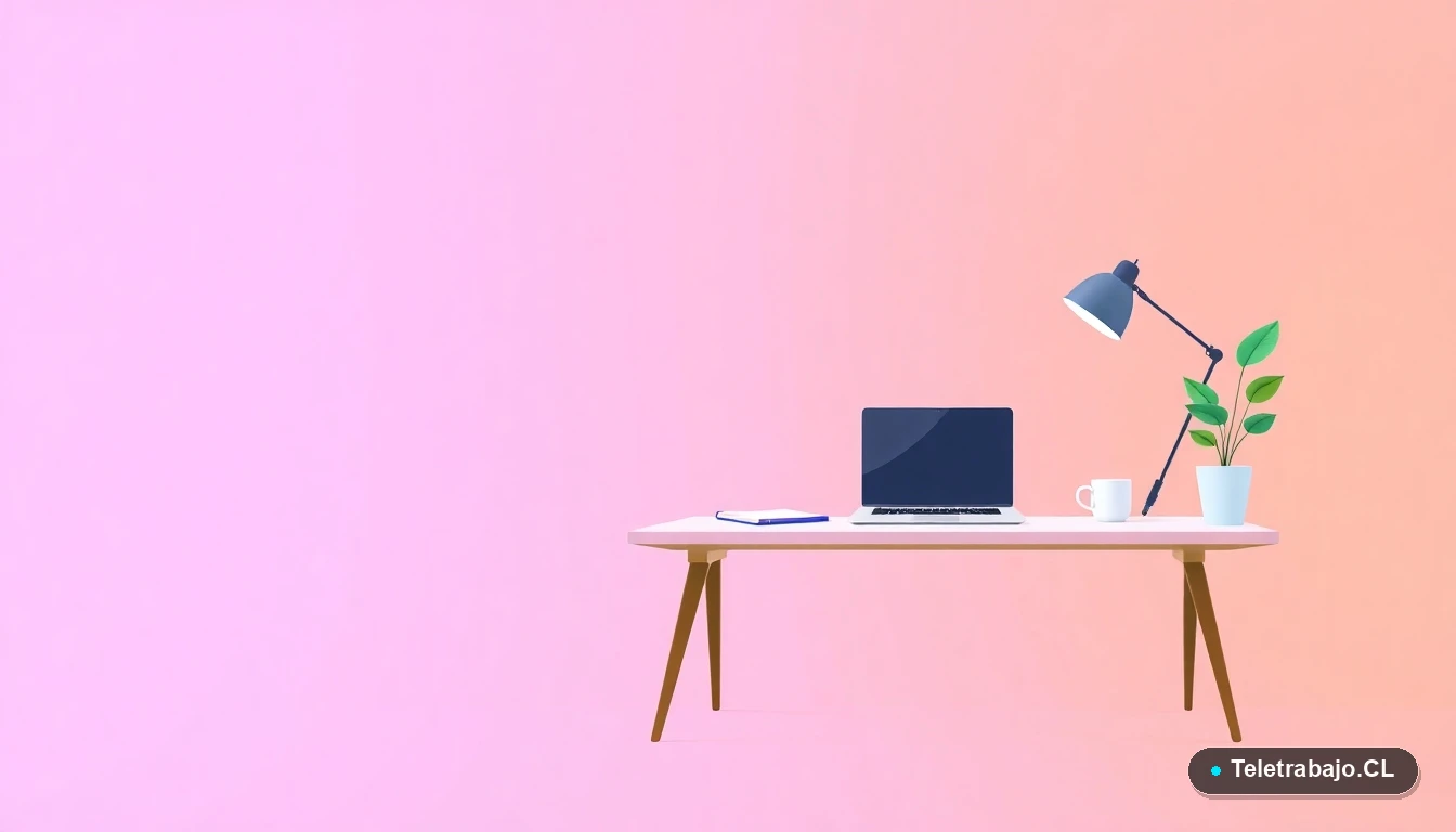 Escritorio moderno minimalista con laptop y planta, ilustración vectorial plana, representando la búsqueda eficiente de trabajo remoto en Chile.