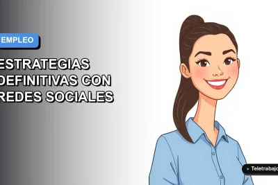 Ilustración plana vectorial de una trabajadora remota sonriente, con blusa azul y pelo recogido, sobre un fondo degradado azul y blanco. Espacio negativo a la izquierda.