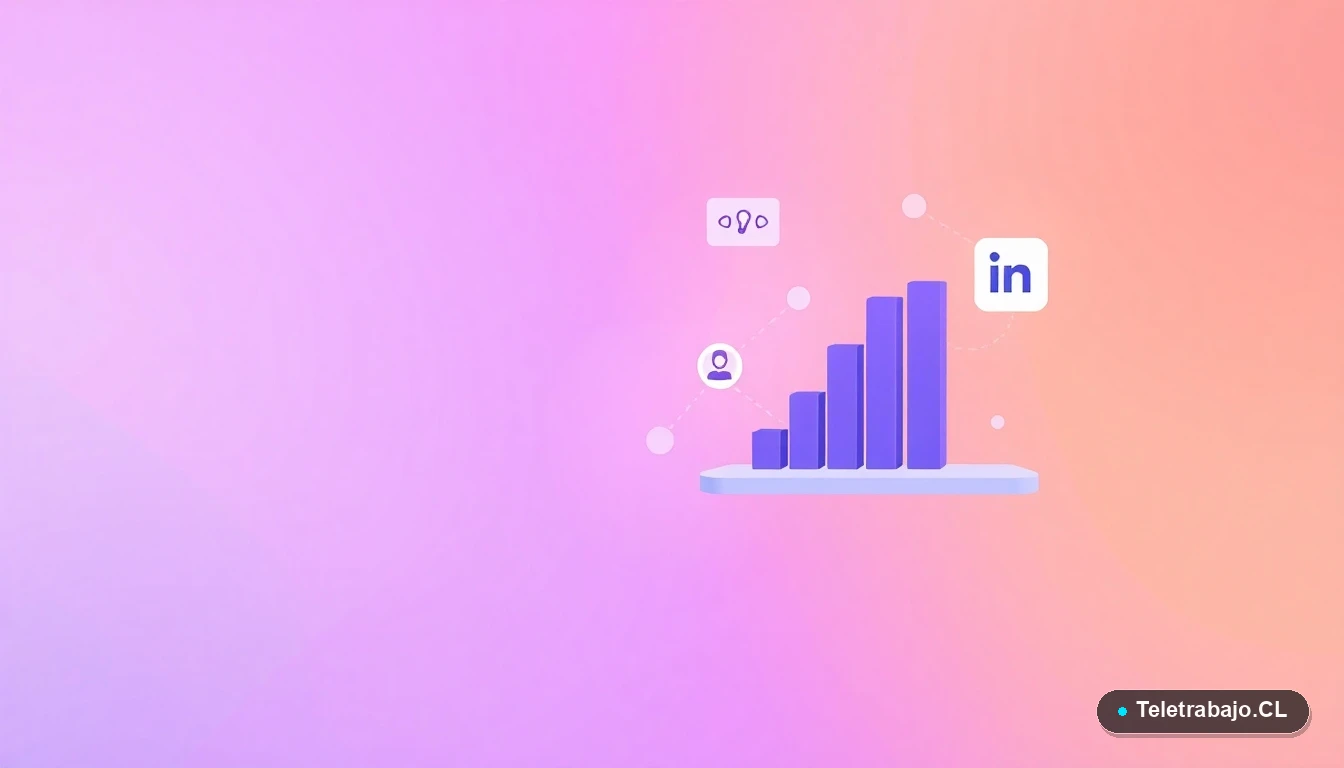 Composición abstracta de elementos de tecnología y redes sociales, como gráficos e iconos de conexión, en estilo vectorial plano sobre fondo degradado lila y durazno.