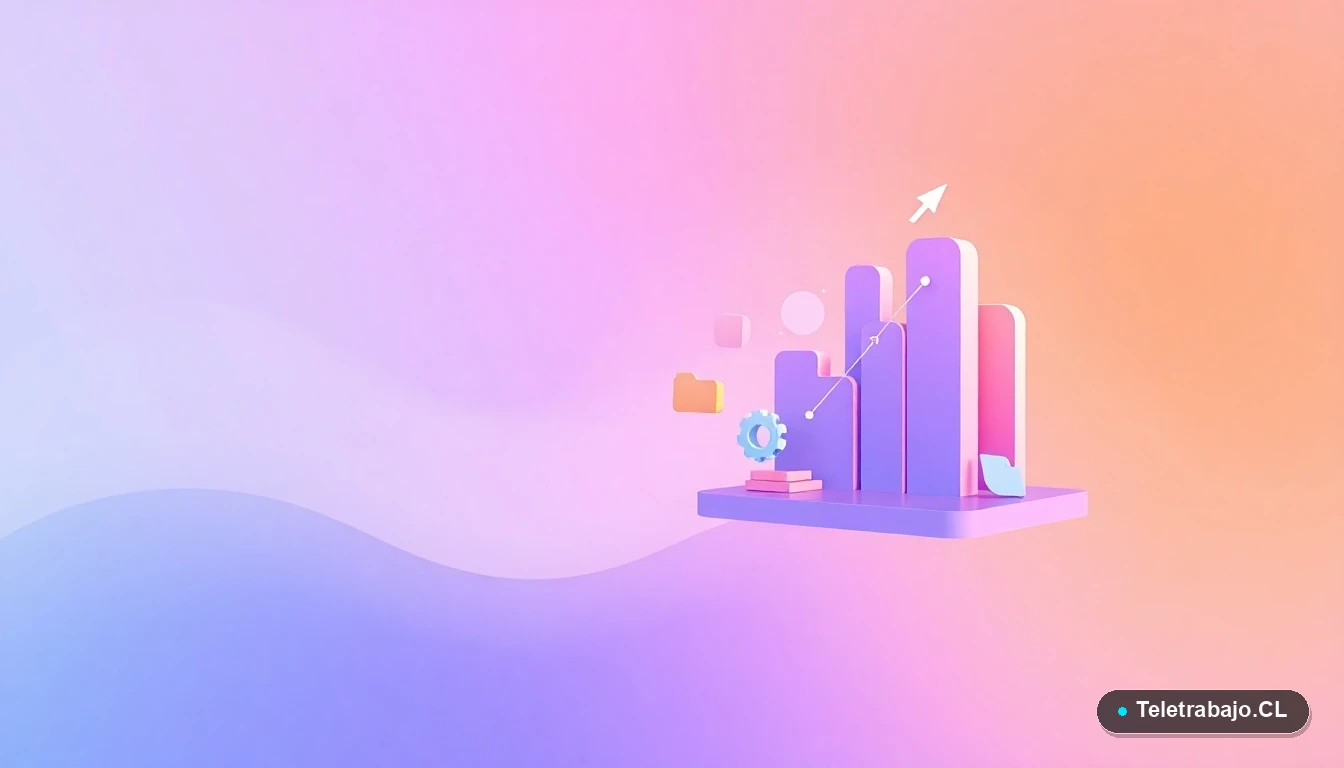 Composición abstracta de interfaz de usuario tecnológica con gráficos flotantes y iconos de engranajes, sobre fondo degradado lila y gris.