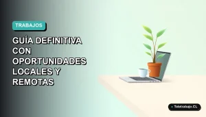 Ilustración plana de un escritorio moderno vacío con laptop, taza de café y planta, sobre un fondo degradado suave en tonos teal, para búsqueda de trabajo de verano 2026 en Chile.