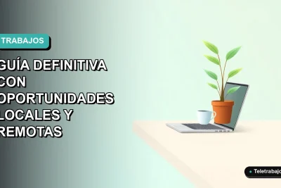 Ilustración plana de un escritorio moderno vacío con laptop, taza de café y planta, sobre un fondo degradado suave en tonos teal, para búsqueda de trabajo de verano 2026 en Chile.