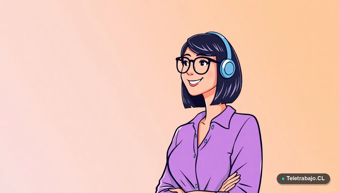 Ilustración vectorial plana de una mujer profesional sonriendo, con blouse lila y anteojos, sobre fondo degradado lavanda y durazno, representando trabajo remoto para guía de empleos de verano.